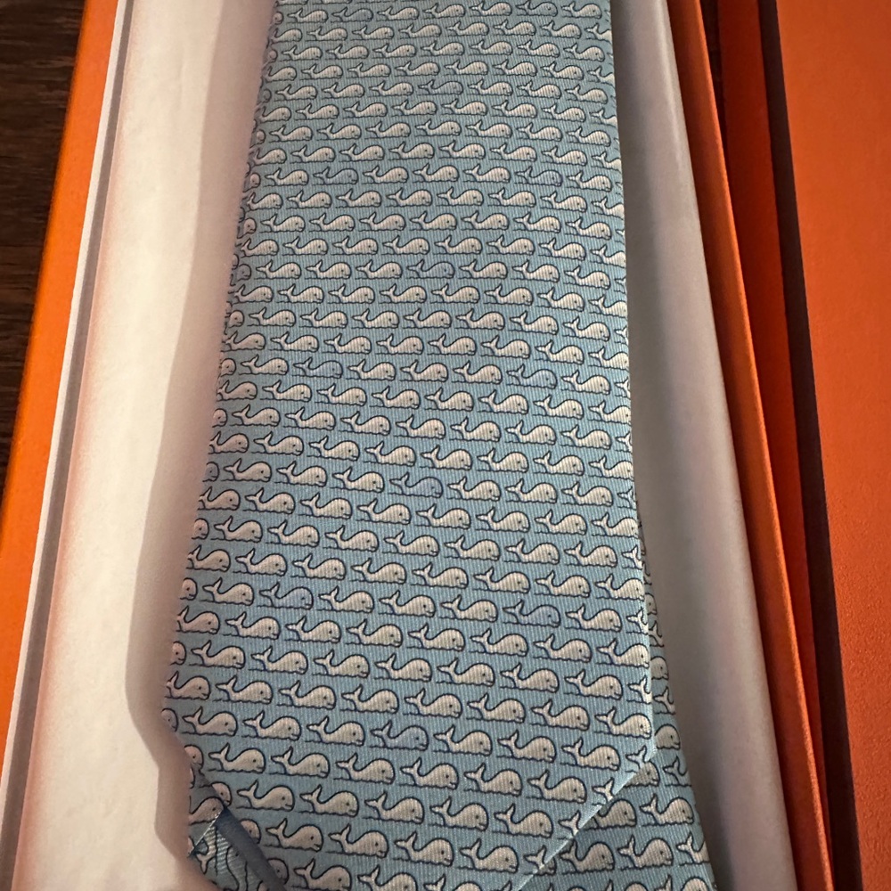 Hermes Light Blue and White Whale Pattern Tie